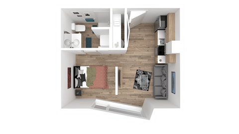 a 3d floor plan of a house with a bedroom and a living room